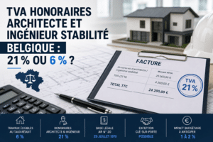 TVA honoraires architecte et ingénieur en Belgique : facture au taux de 21 % avec comparaison au taux réduit de 6 % pour les travaux immobiliers.