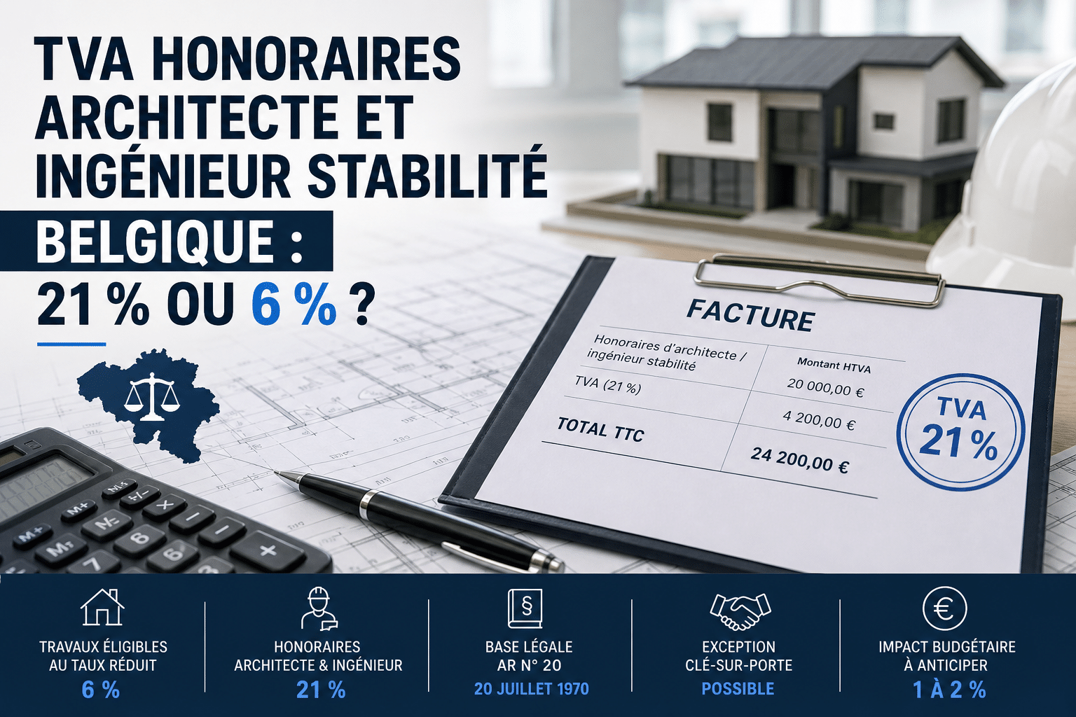 TVA honoraires architecte et ingénieur en Belgique : facture au taux de 21 % avec comparaison au taux réduit de 6 % pour les travaux immobiliers.